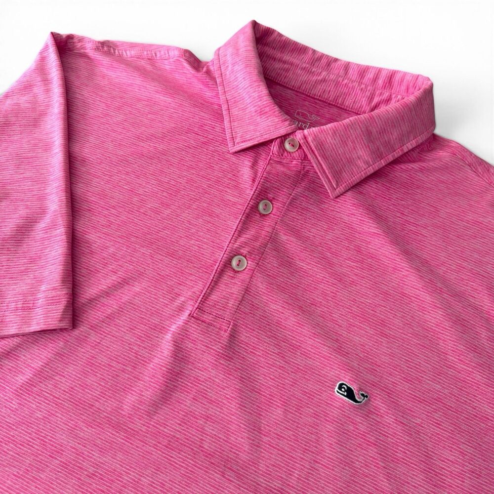 Vineyard Vines Performance Golf Polo Men L Heather Pink Striped Stretch Whale